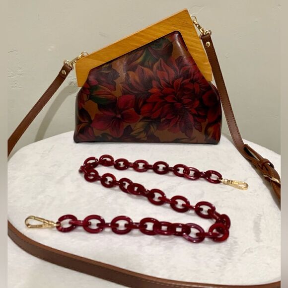 Handmade Genuine Premium Leather Floral Print Wooden Frame Bag with 2 Straps - Picture 12 of 16